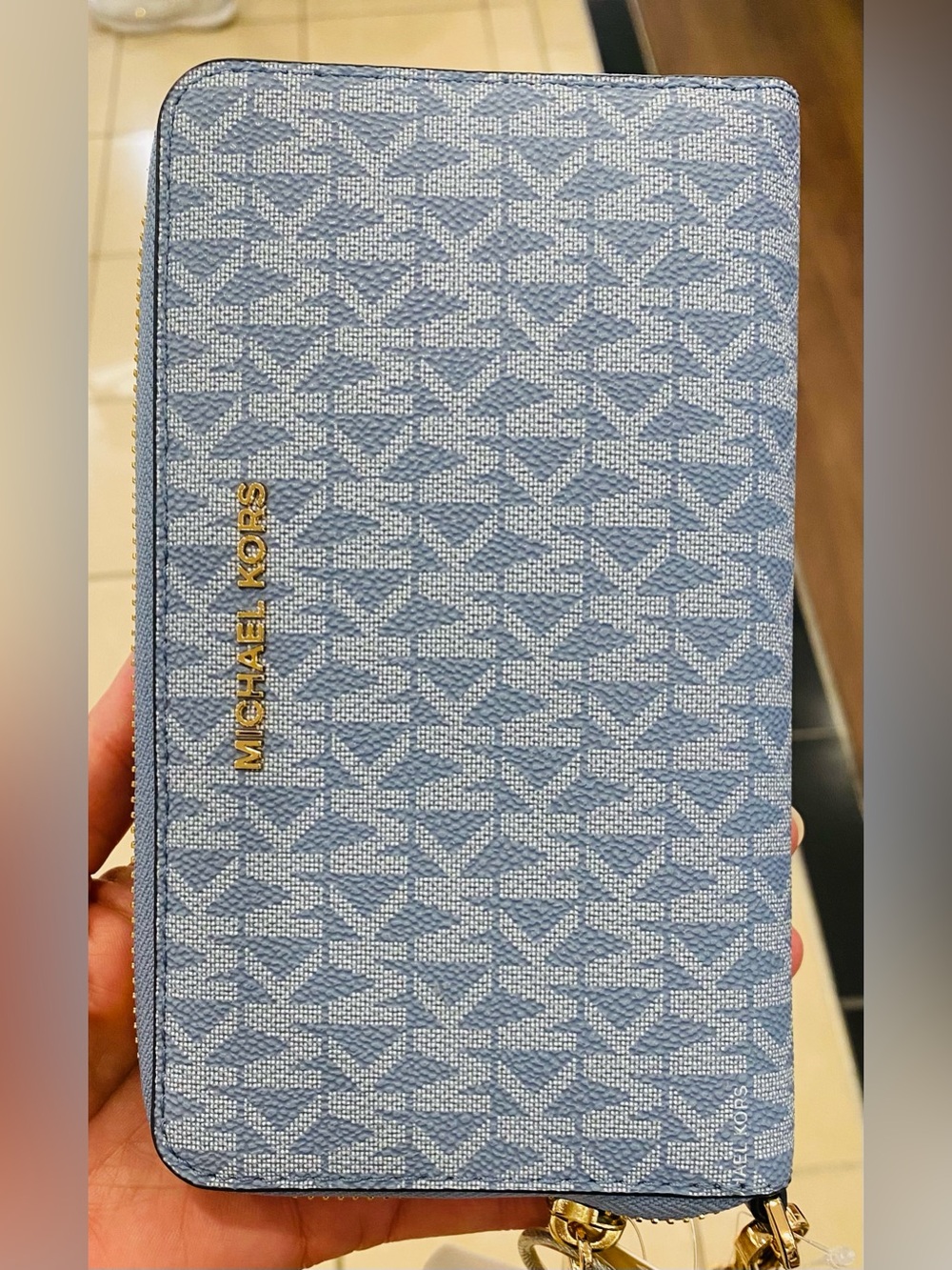 Michael Kors Light Blue Monogram Zip Wallet with Gold Logo
